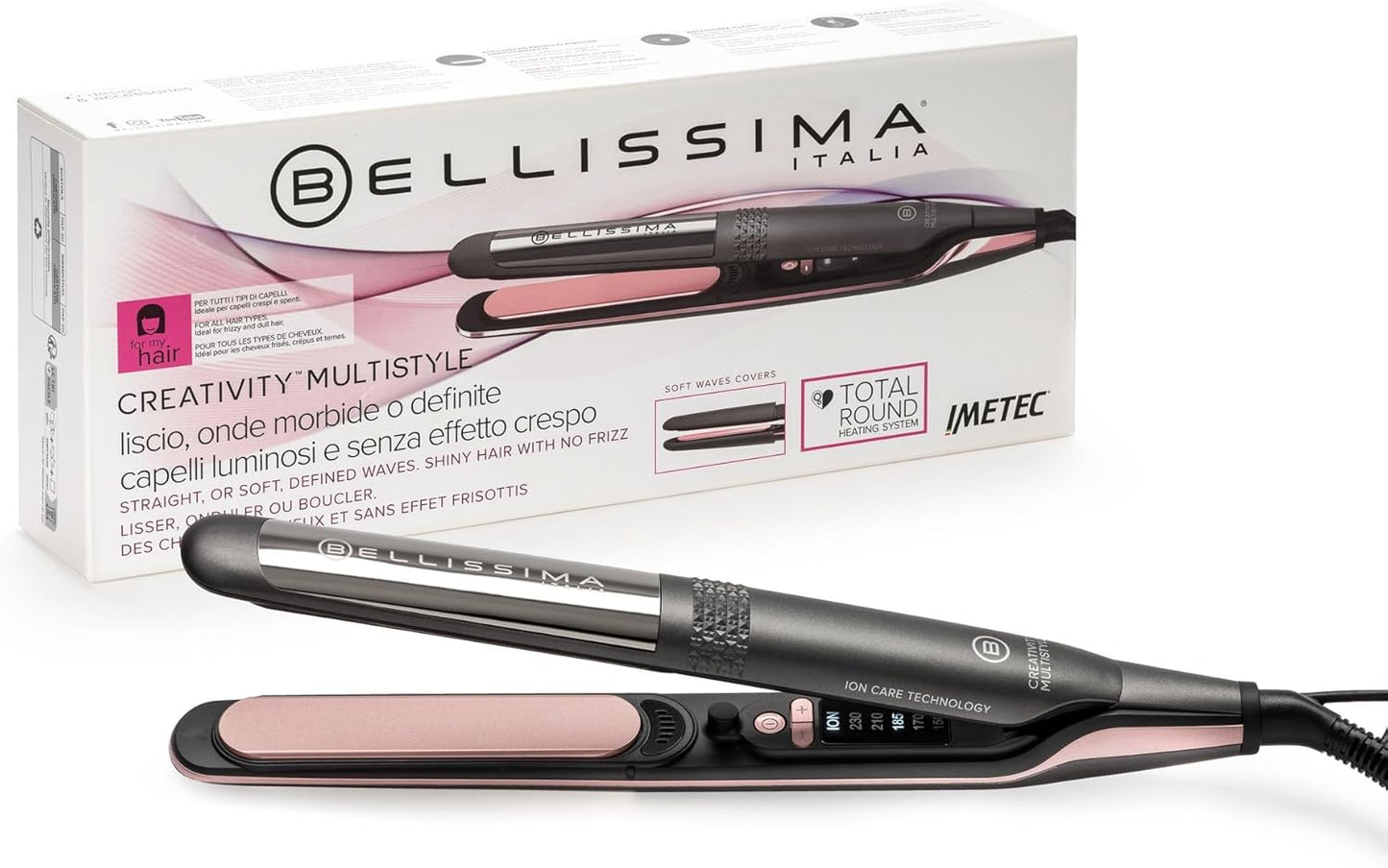 Imetec Creativity Multistyle, Piastra per Capelli Lisci O Mossi, Rivestimento Ceramica, Particelle Diamante, Cheratina, Piastre Flessibili E Calde Anche Esternamente, 5 Temperature