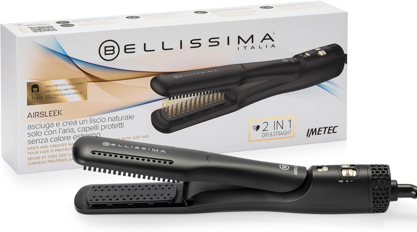 Imetec Airsleek - Piastra Asciugacapelli 2 in 1 Ad Aria, Asciuga E Stira Capelli Bagnati. Capelli Lisci E Protetti Senza Calore Estremo. Tecnologia a Ioni, Rivestimento Ceramica & Cheratina