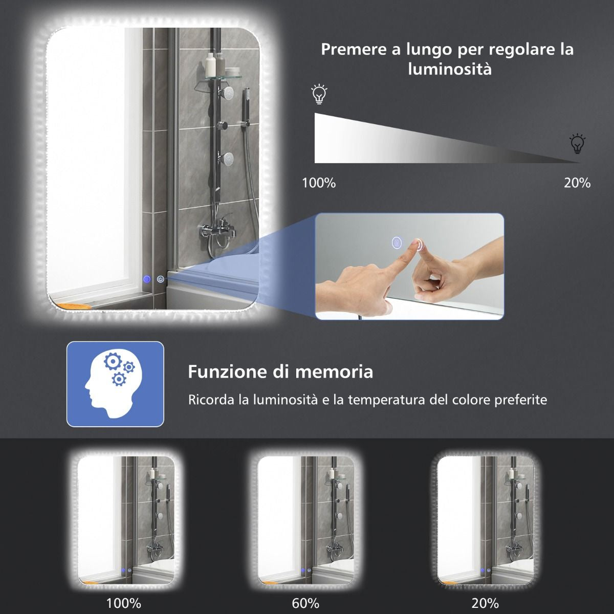 Specchio Da Bagno Con Luci LED 3 Temperature Di Colore anti Appannamento, Specchio Da Parete Infrangibile