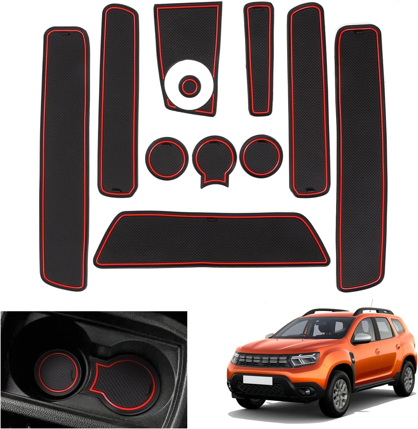 2018–2021 Renaul-T/Dacia Duster Tappetini Antiscivolo, Tappetini in Gomma per Console Centrale, Portabicchieri, Custodie, Tappetini per Le Cuciture Della Porta [Non per 2022] (Rosso)