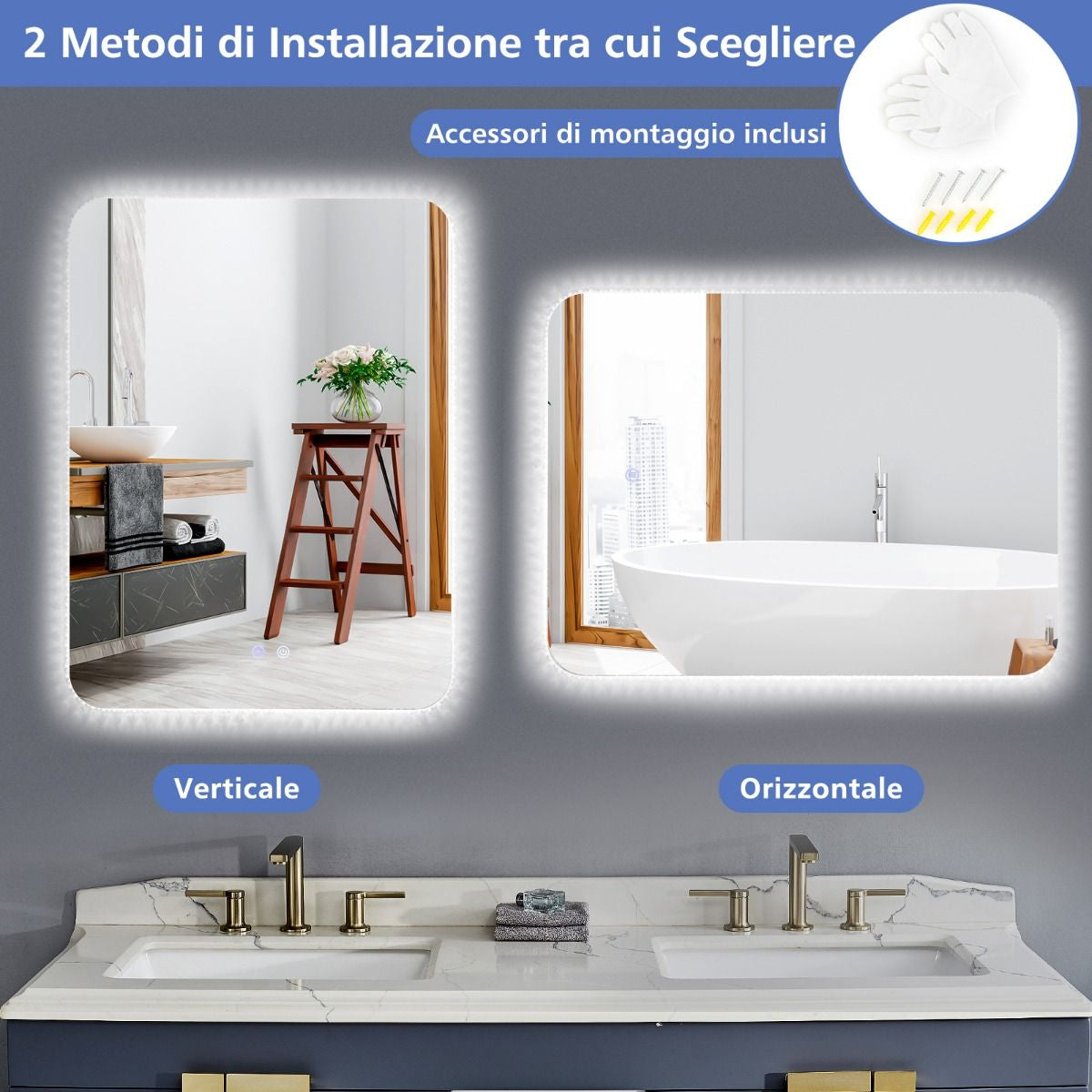 Specchio Da Bagno Con Luci LED 3 Temperature Di Colore anti Appannamento, Specchio Da Parete Infrangibile
