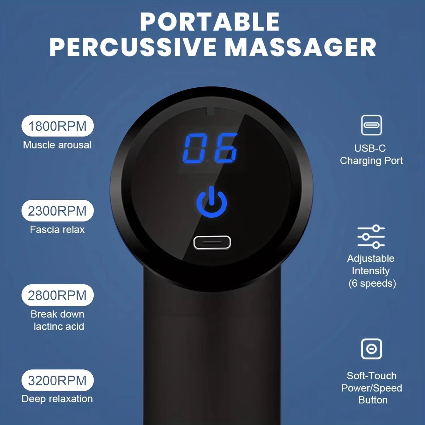 Portable Fascia Massage Gun LED Touch Screen Electric Percussion Pistol Massager Body Relaxation 4 Replaceable Massage Heads
