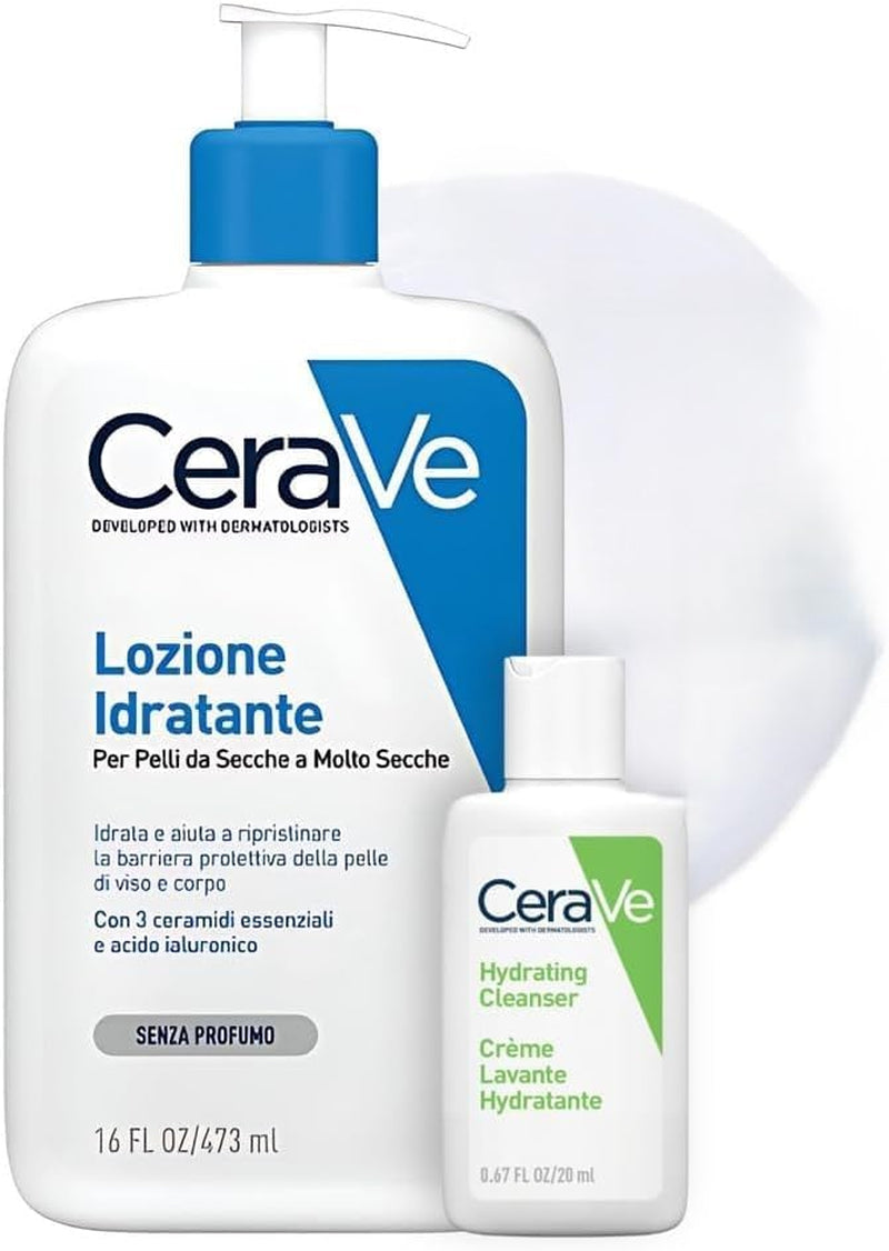 Cerave Kit Corpo E Viaggio, Lozione Idratante Viso E Corpo, per Pelle Secca, Con Acido Ialuronico 473 Ml + Detergente Idratante Viso Da Viaggio, per Pelli Da Normali a Secche, 20 Ml