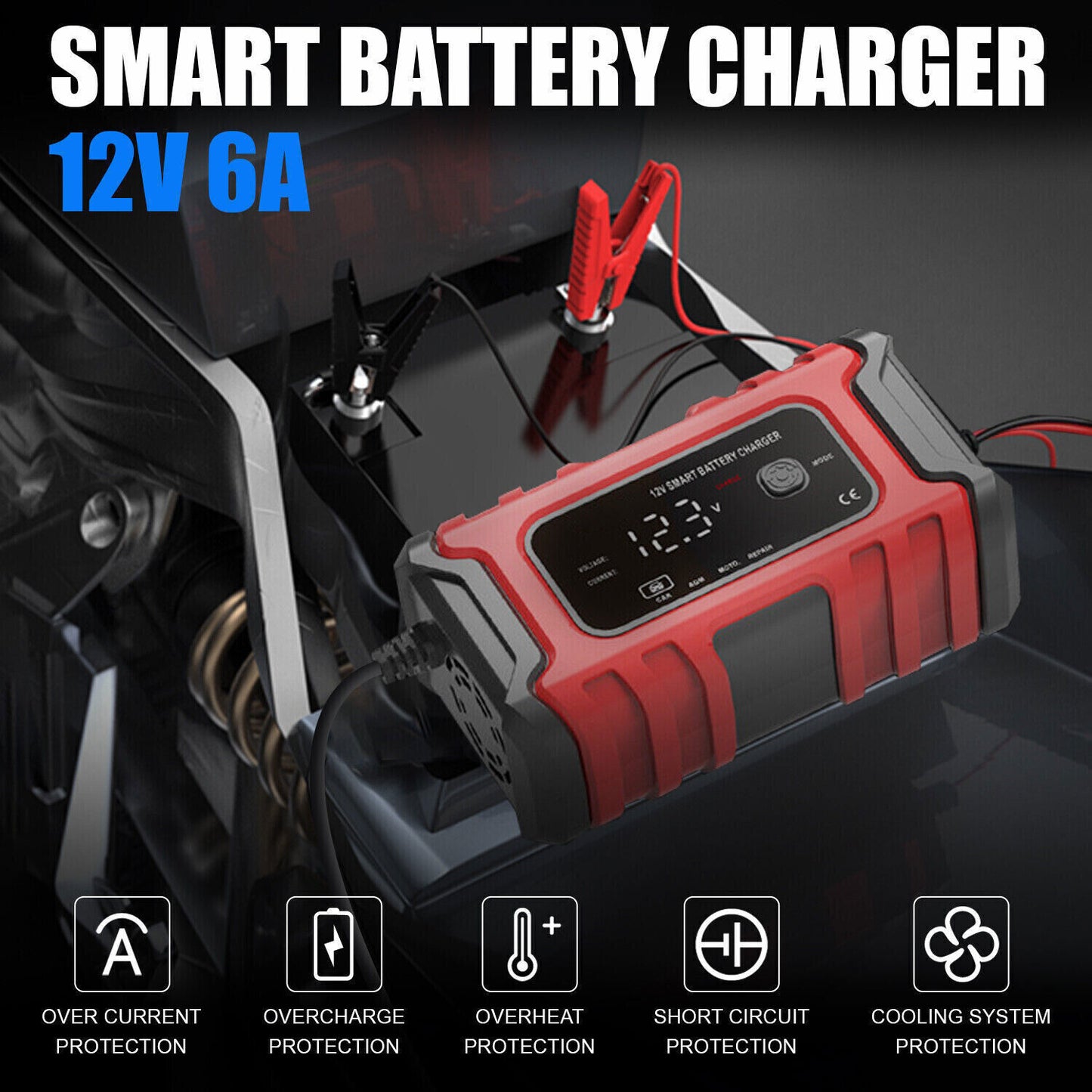 Caricabatteria 12V Carica Automatico Intelligente per Auto, Moto, Scooter, LCD