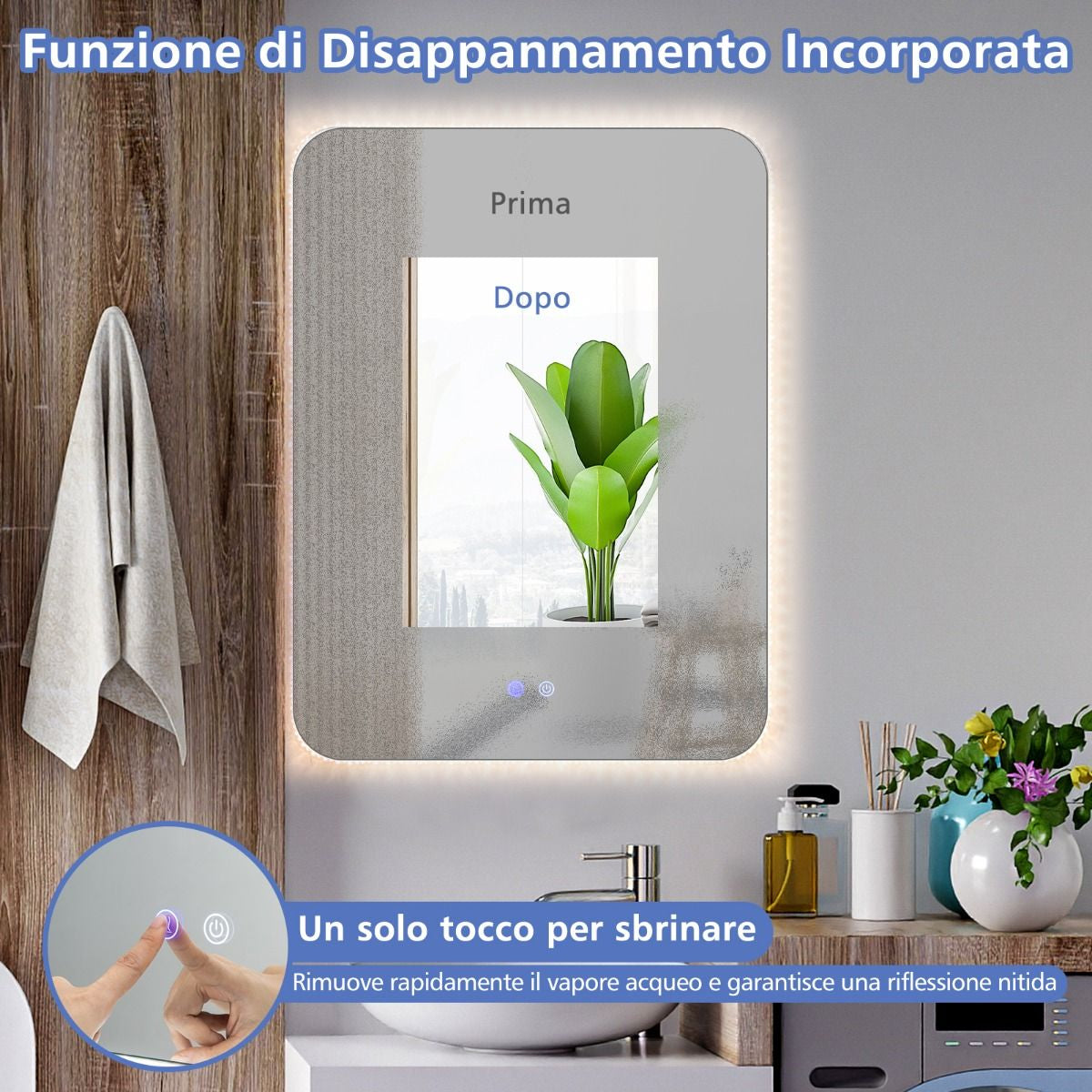 Specchio Da Bagno Con Luci LED 3 Temperature Di Colore anti Appannamento, Specchio Da Parete Infrangibile