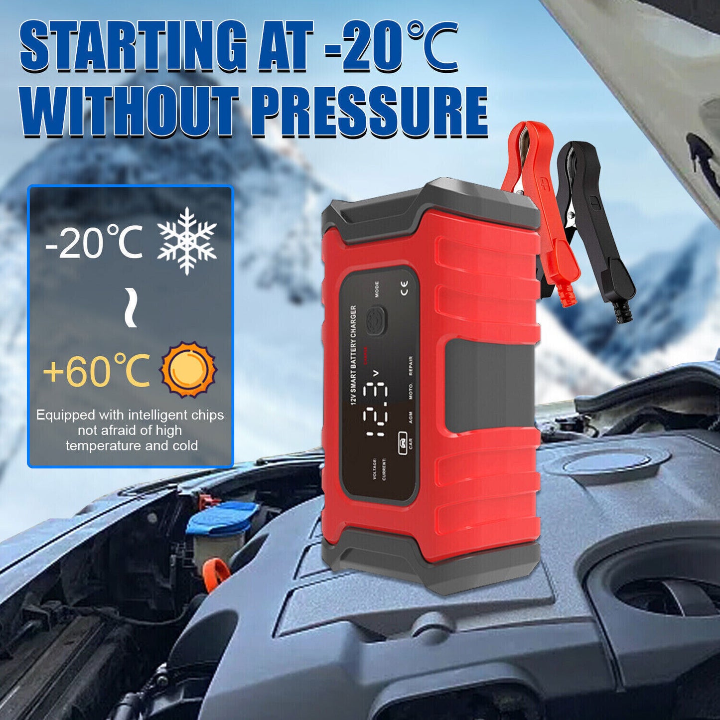 Caricabatteria 12V Carica Automatico Intelligente per Auto, Moto, Scooter, LCD