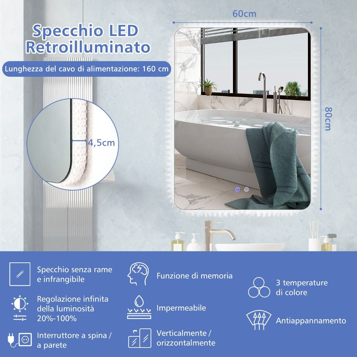 Specchio Da Bagno Con Luci LED 3 Temperature Di Colore anti Appannamento, Specchio Da Parete Infrangibile