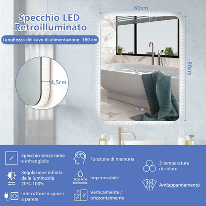 Specchio Da Bagno Con Luci LED 3 Temperature Di Colore anti Appannamento, Specchio Da Parete Infrangibile