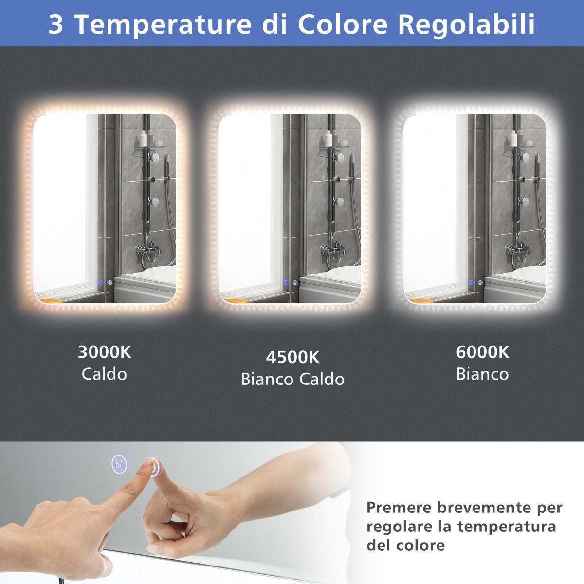 Specchio Da Bagno Con Luci LED 3 Temperature Di Colore anti Appannamento, Specchio Da Parete Infrangibile