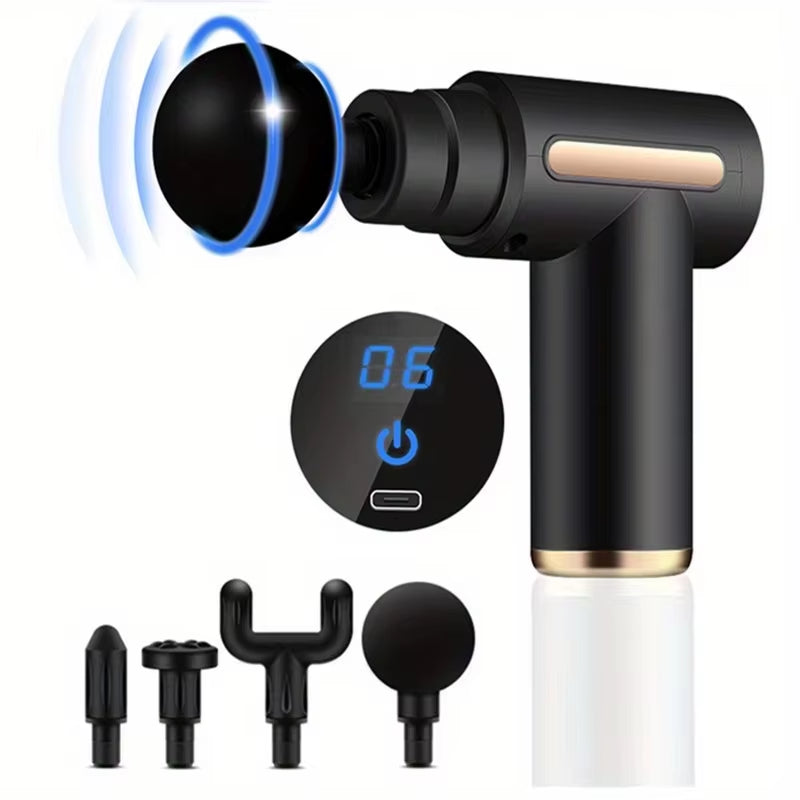 Portable Fascia Massage Gun LED Touch Screen Electric Percussion Pistol Massager Body Relaxation 4 Replaceable Massage Heads