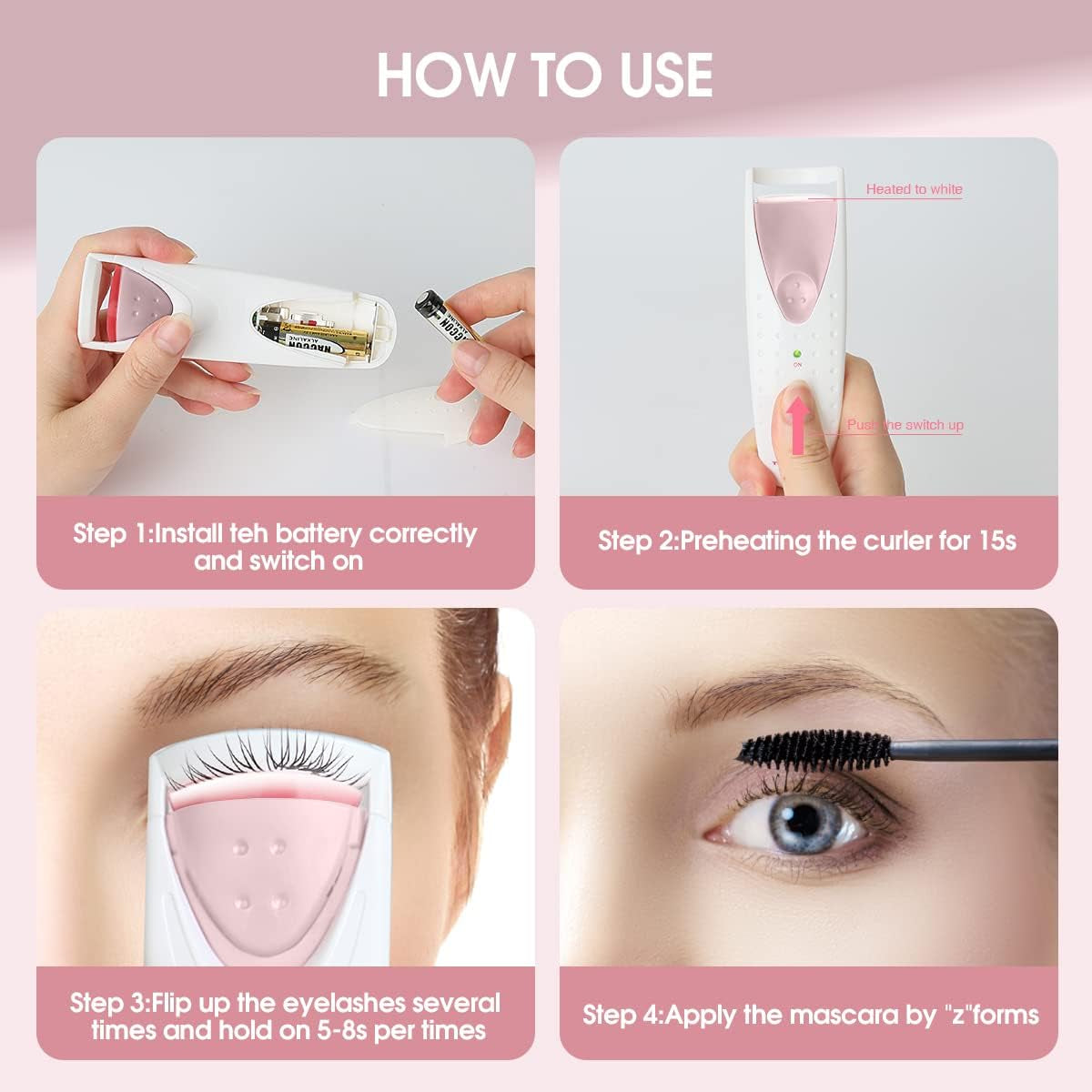 Piegaciglia Elettrico,Piegaciglia Riscaldato,Strumento Professionale per Il Trucco Con Cuscinetti Riscaldanti Intelligente in Silicone Ag-2003Ap(Rosa)