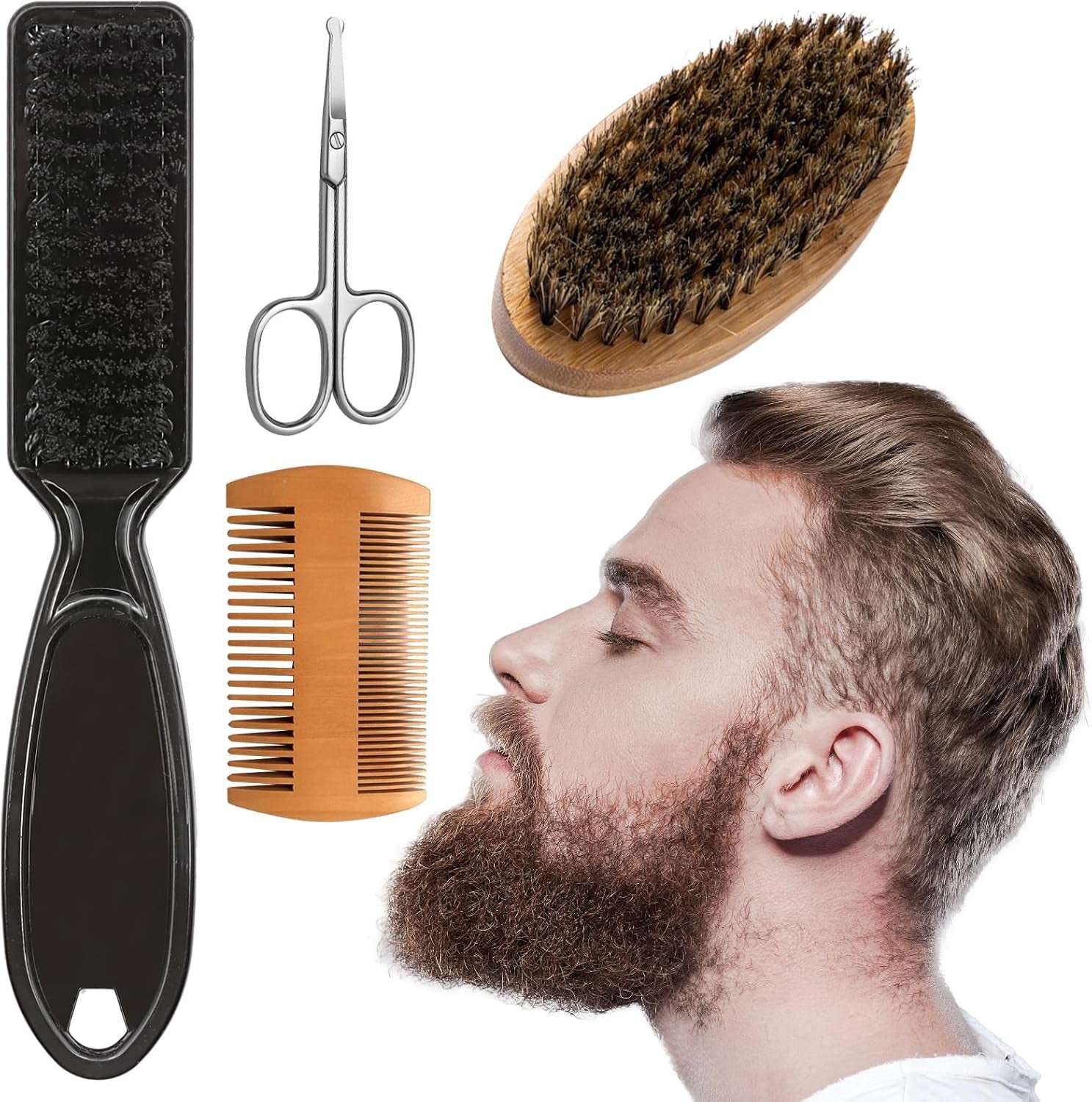 4 Pezzi Spazzola Barba Uomo Set, Pettine Barba Legno Uomo Setole Di Cinghiale Forbici Da Barba E Spazzola per Olio Vintage, Spazzola Da Barba Da Viaggio per Cura Professionale Della Barba