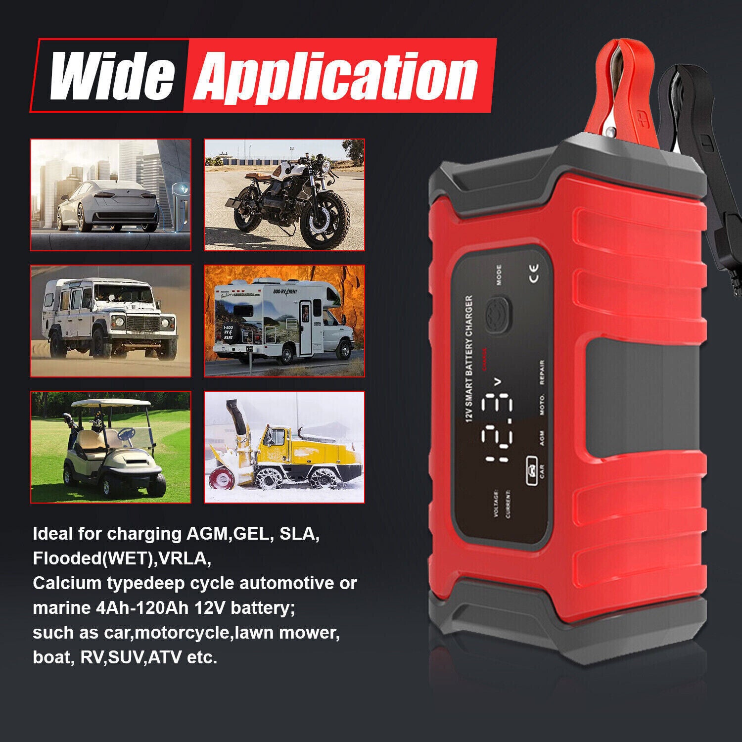 Caricabatteria 12V Carica Automatico Intelligente per Auto, Moto, Scooter, LCD