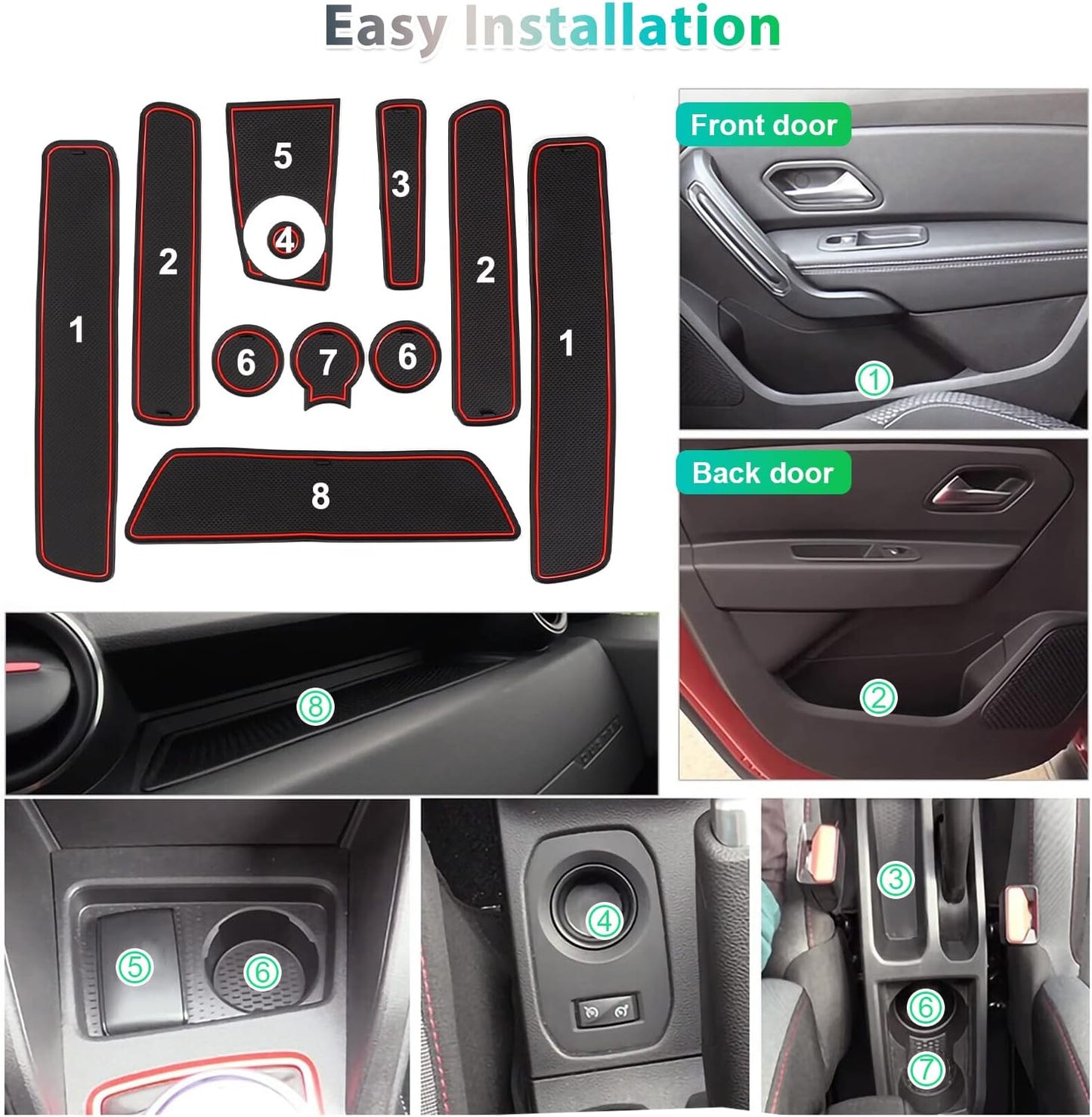 2018–2021 Renaul-T/Dacia Duster Tappetini Antiscivolo, Tappetini in Gomma per Console Centrale, Portabicchieri, Custodie, Tappetini per Le Cuciture Della Porta [Non per 2022] (Rosso)