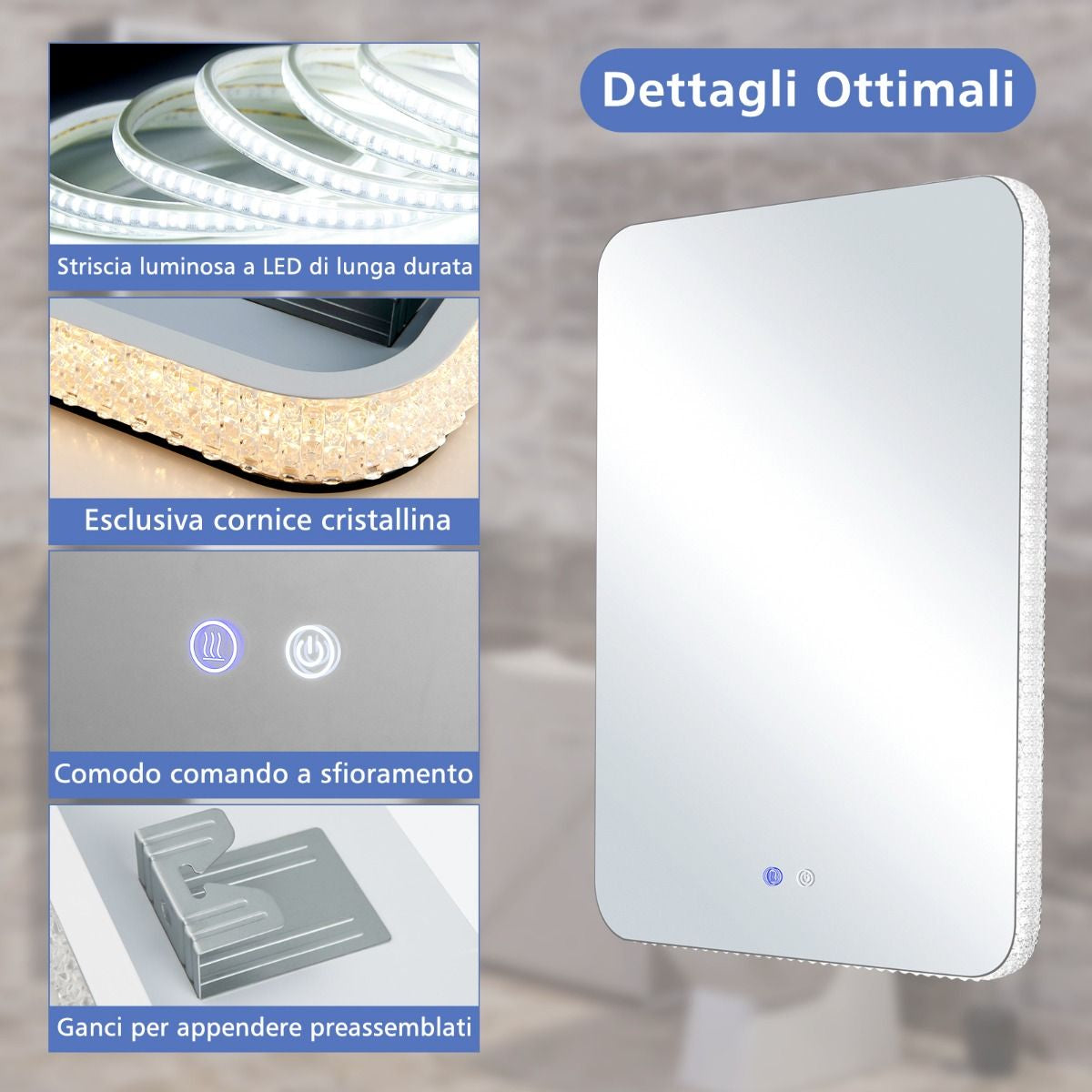 Specchio Da Bagno Con Luci LED 3 Temperature Di Colore anti Appannamento, Specchio Da Parete Infrangibile