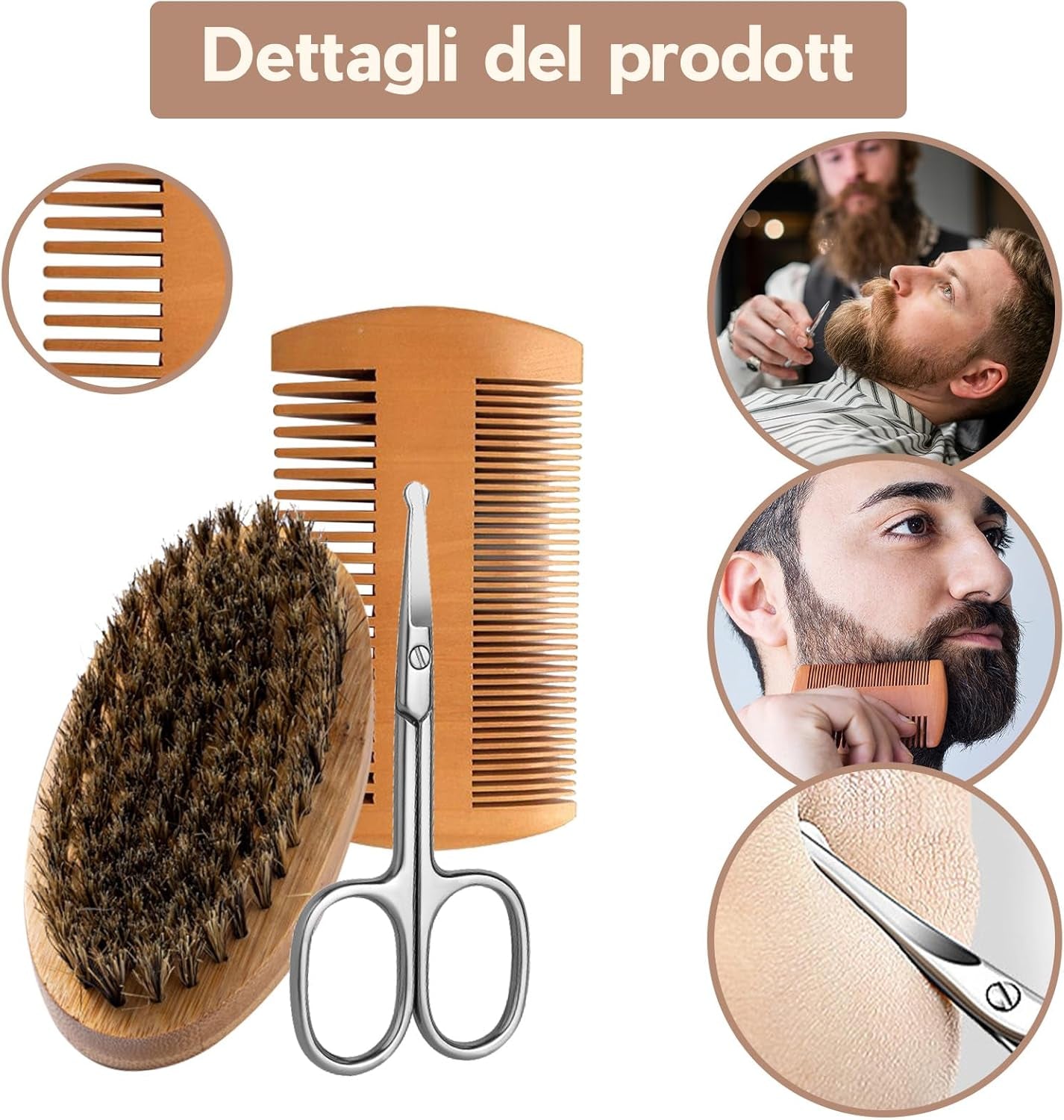 4 Pezzi Spazzola Barba Uomo Set, Pettine Barba Legno Uomo Setole Di Cinghiale Forbici Da Barba E Spazzola per Olio Vintage, Spazzola Da Barba Da Viaggio per Cura Professionale Della Barba